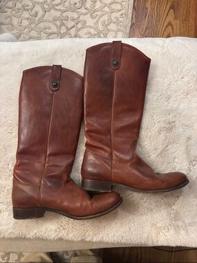 Frye Brown Leather Mid-Calf Heeled Riding Boots